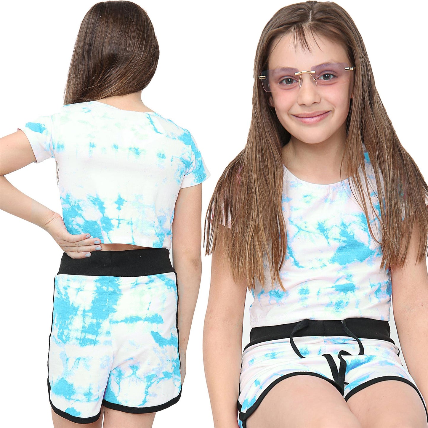 Kids Tie Dye Crop Top & Shorts Set Active Wear Summer Girls Boys Age 5-13 years