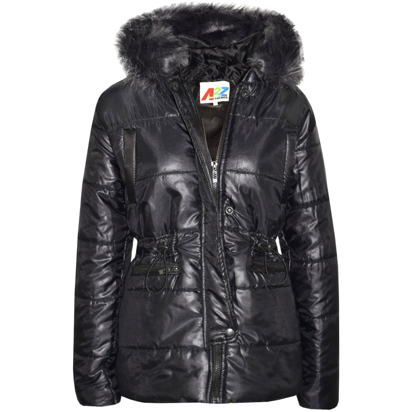 Kids Girls Jackets Puffer Hooded Detachable Faux Fur Wet Look Padded Long Coats