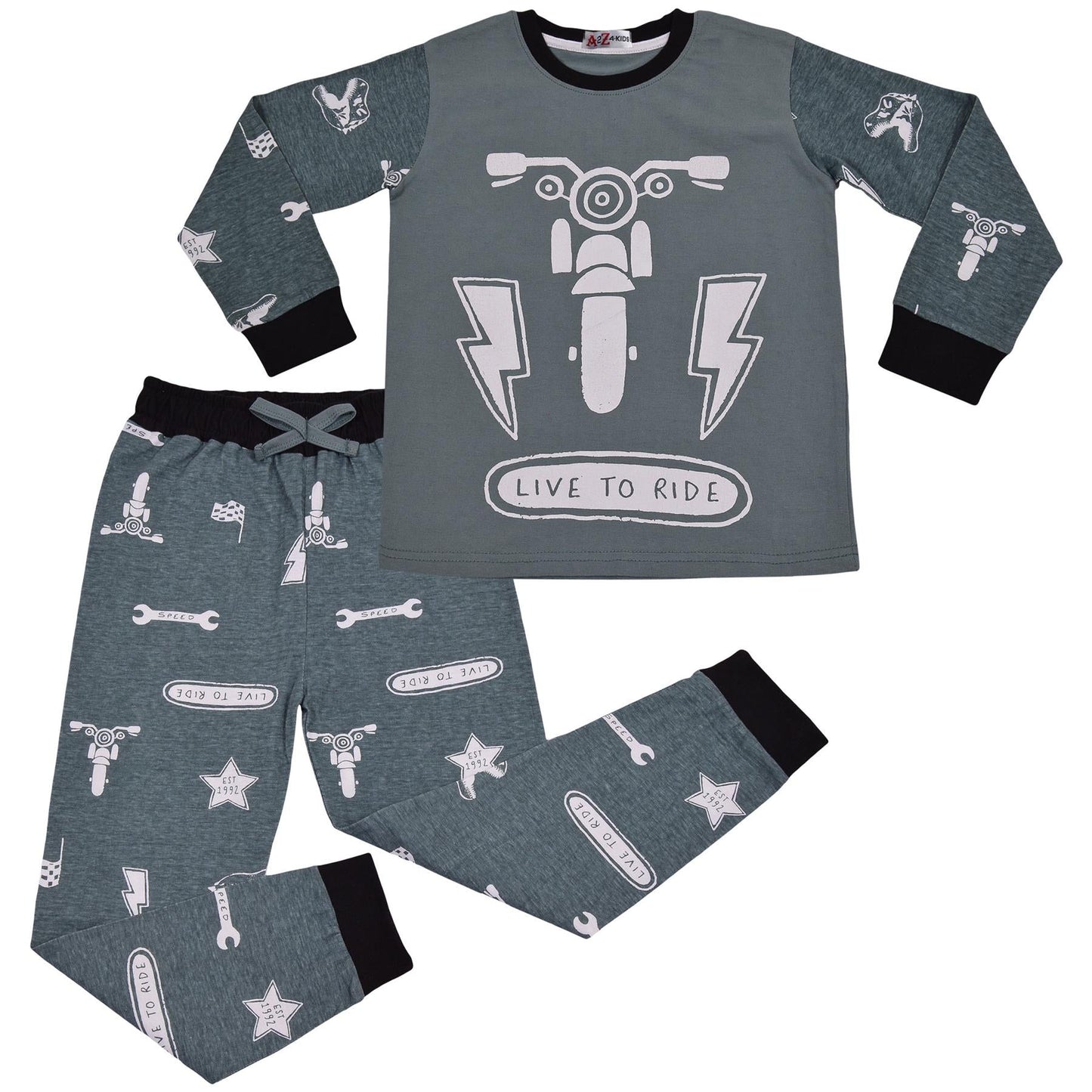 Kids Girls Boys Live to Ride Childrens Pyjamas 2 Piece Cotton PJs Set Nightwear