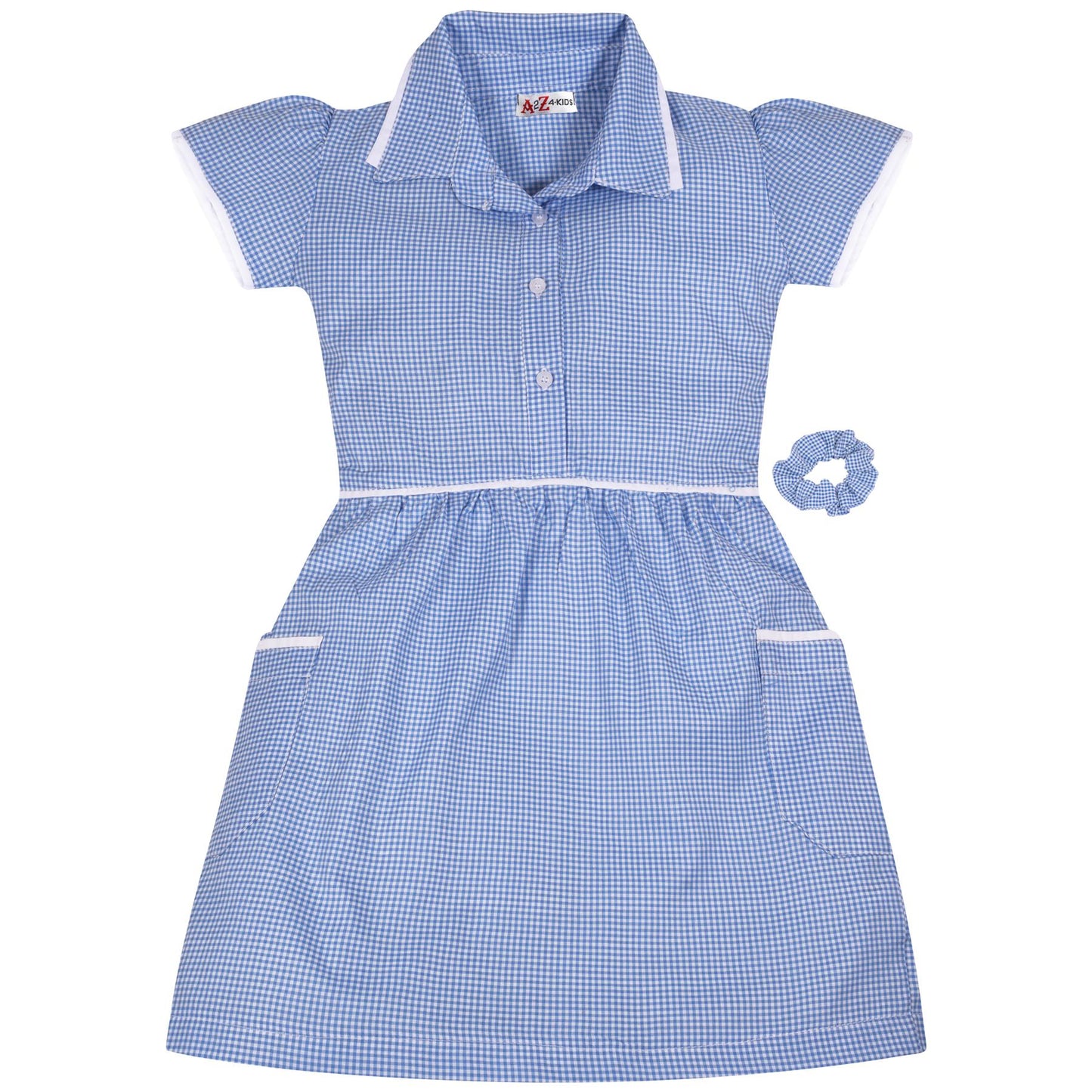 Kids Girls Gingham School Dress Check Dresses With Matching Scrunchies 2-14