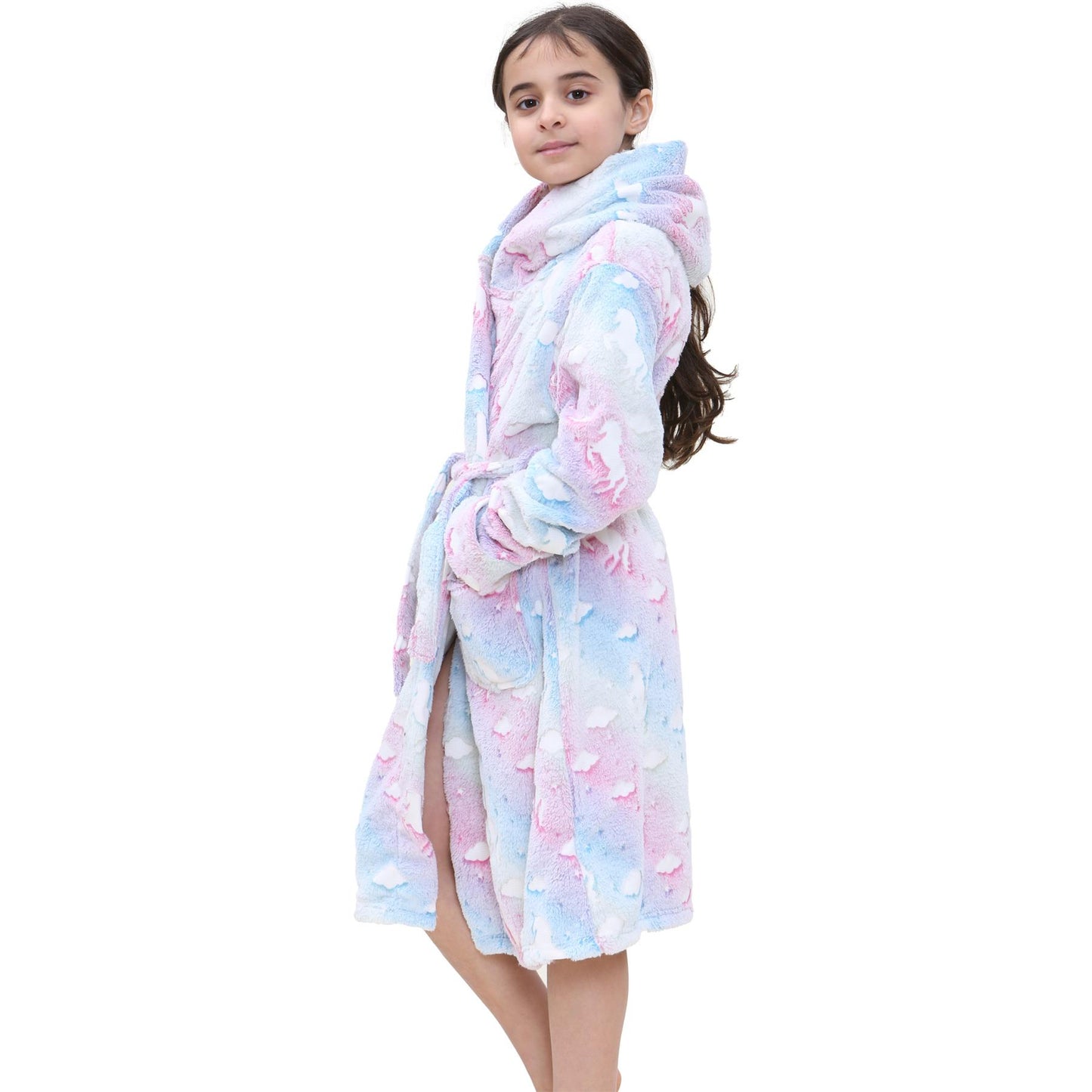 Kids Girls Fleece Glow In The Dark Sherpa Hooded Unicorn Dressing Gown Soft Robe