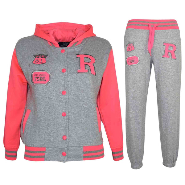 A2Z Kids Girls Boys Grey Neon Pink Baseball Tracksuit FOX Jacket Trouser Sports Hoodie Bottom Joggers Age 10 11 12 13 Years