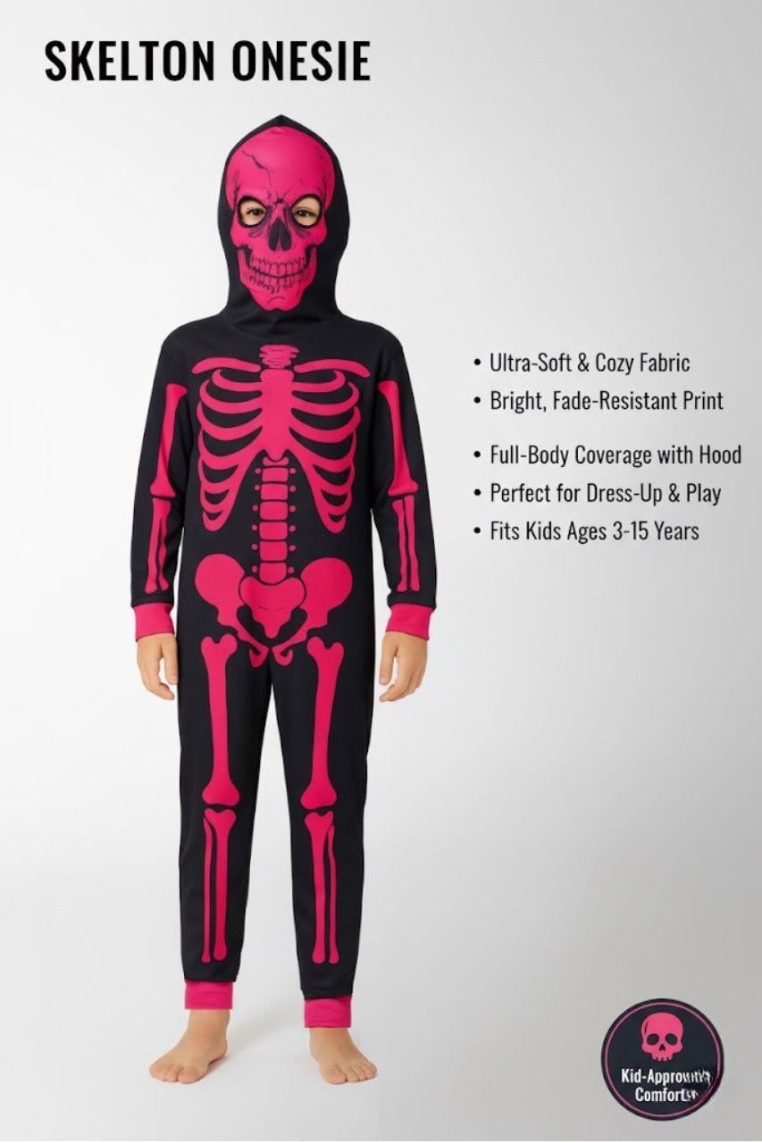 Kids Girls Boys Skeleton Print Pyjama Onesie Neon Pink All In One Halloween Costume