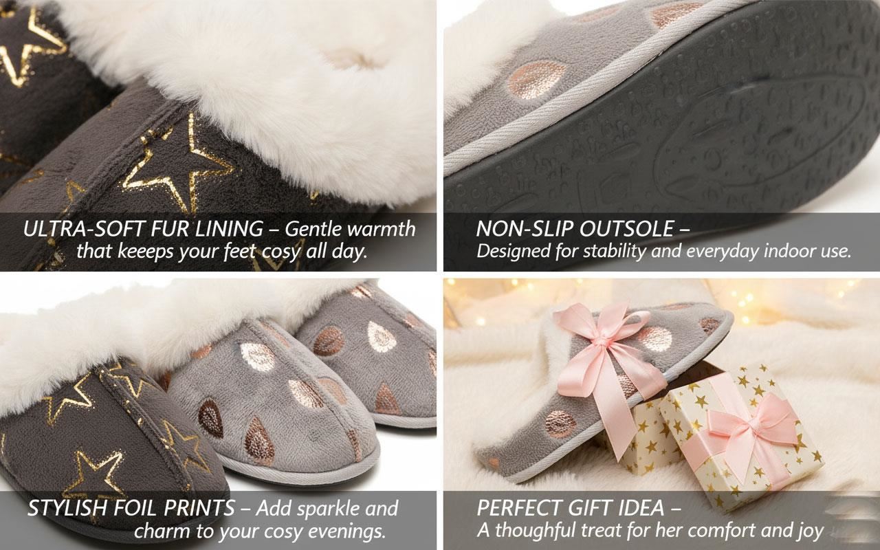 A2Z Ladies Foil Heart and Star Mule Slippers Warm Faux Fur Lined Indoor Shoes