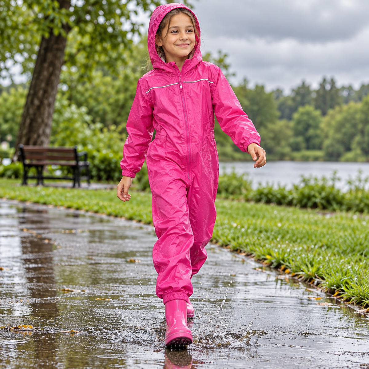 Girls Boys Raincoat Kids Puddle Suit Rainwear Waterproof Hooded Rainsuit 2-13 Yr
