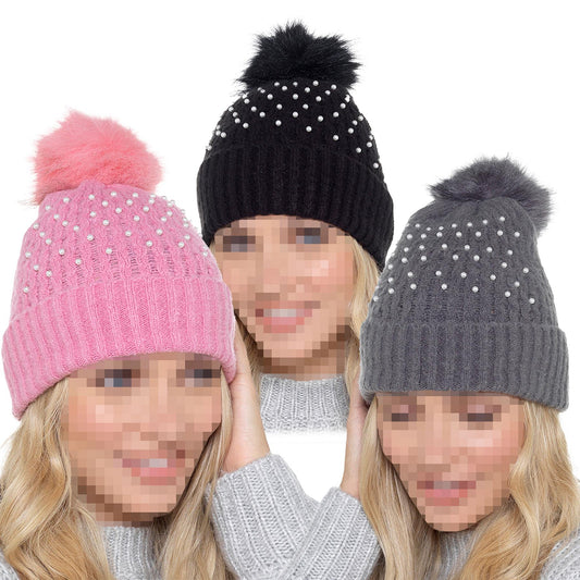 A2Z Ladies Hat Ribbed Pearls Knit Bobble Pom Pom Stylish Winter Warm Cozy Hats