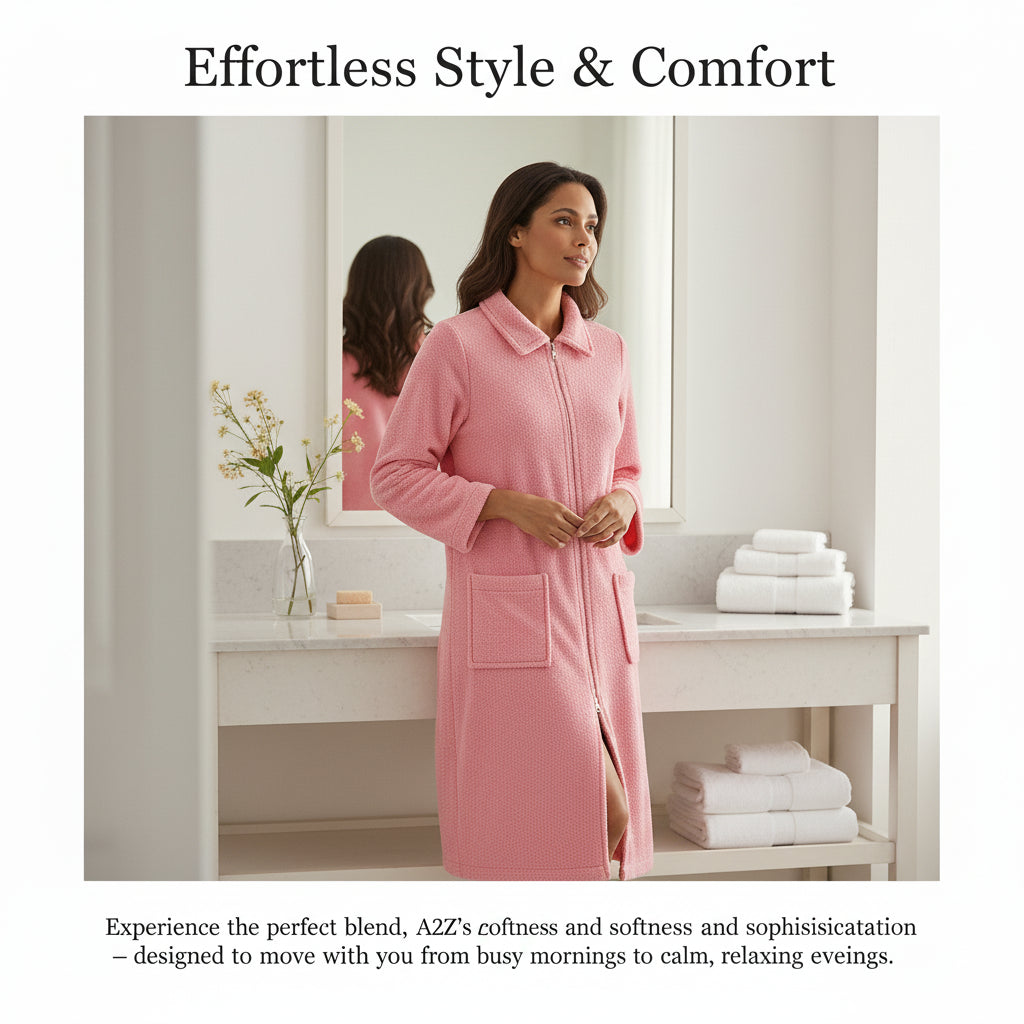 Ladies Towelling Bathrobe Front Zip Dressing Gown Long Sleeves & Deep Pockets