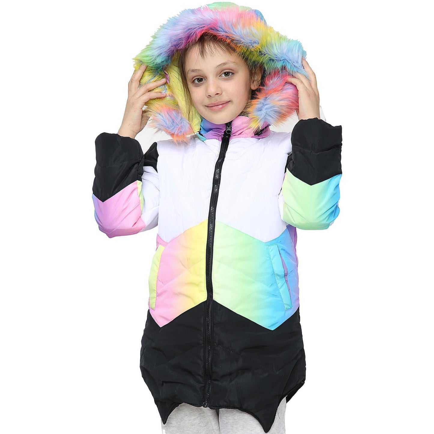 Kids Hooded Contrast Panel Puffer Coat Faux Fur Jacket For Girls 2-13yrs