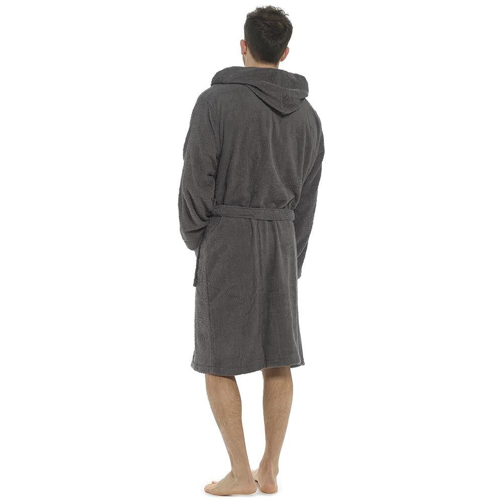 Mens Hooded Towelling Robe Soft Cotton Absorbent Bathrobe with Belt Deep Pockets