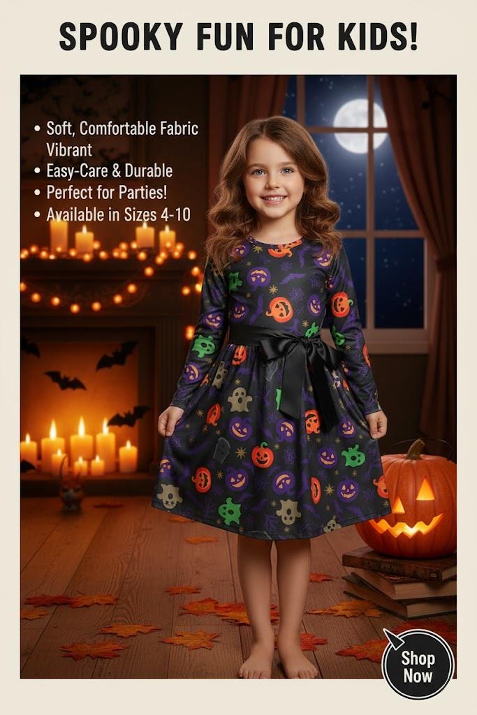 Girls Halloween Swing Dress Ghost Pumpkin Bat Spooky Parties Costume 5-13 Yrs