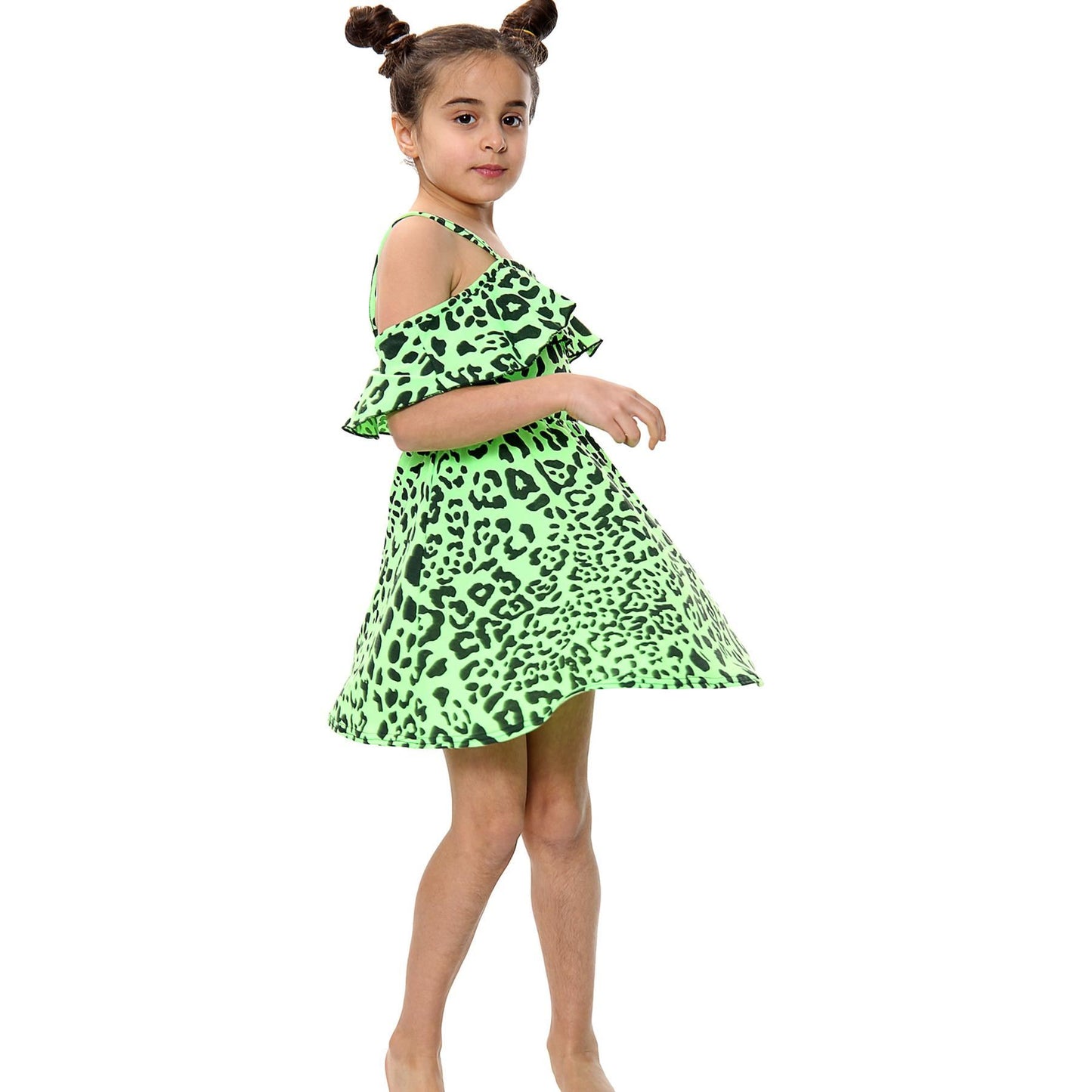 Kids Girls Skater Dress Leopard Print Summer Party Off Shoulder Dress 5-13 Years