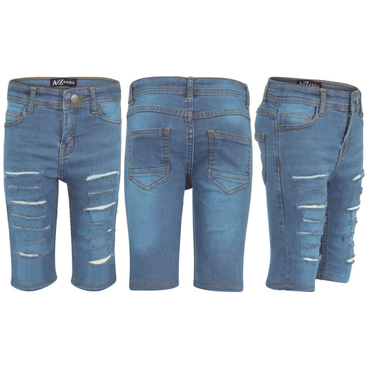 Kids Boys Ripped Denim Shorts Light Blue Comfort Stretch Skinny Pants Trousers