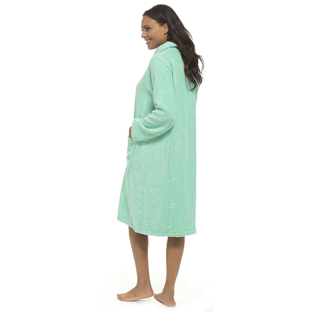 Ladies Towelling Bathrobe Front Zip Dressing Gown Long Sleeves & Deep Pockets