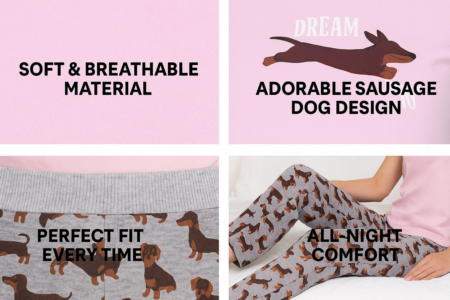 Ladies Sausage Dog Pyjama Set Pink Cotton Top & Grey Sausage Dog Print Bottoms