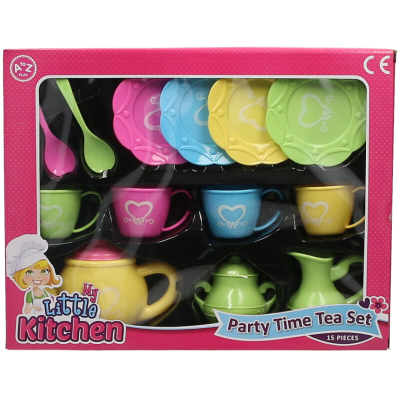 Kids 15 Piece Kitchen Set with Teapot Cups Saucers Spoons Plastic Tea Party Set