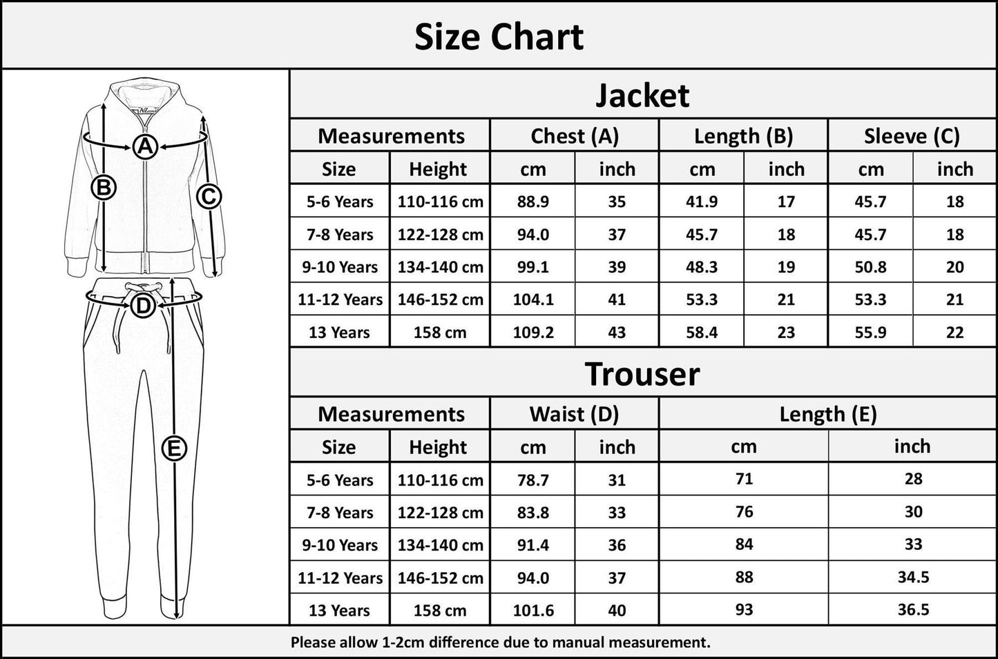 Girls Boys Tracksuit Kids Baseball Top Bottoms Jogging Suit Unisex Outfit 5-13Yr