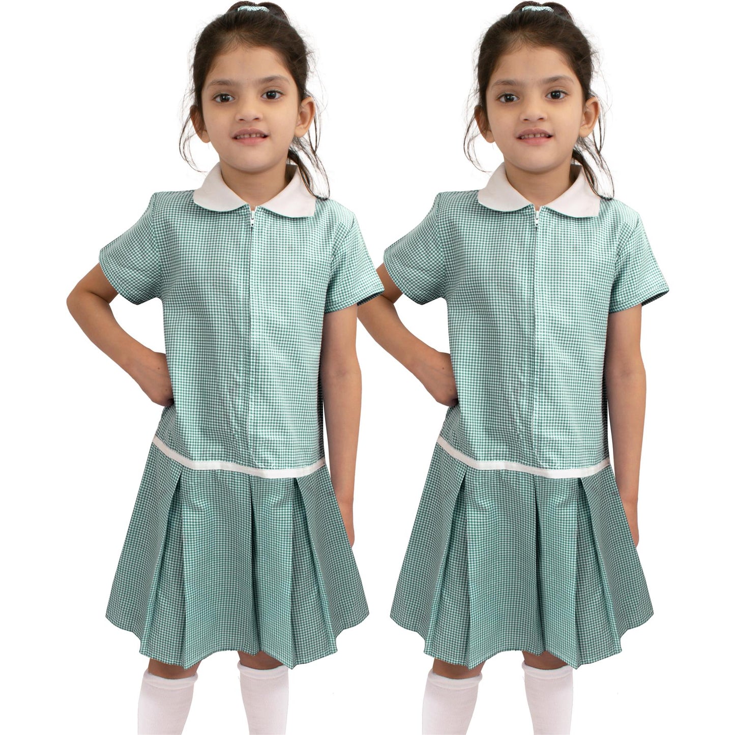 Kids Girls 2 Pack Uniform School Zip Up Gingham Dress With Matching Scrunchies