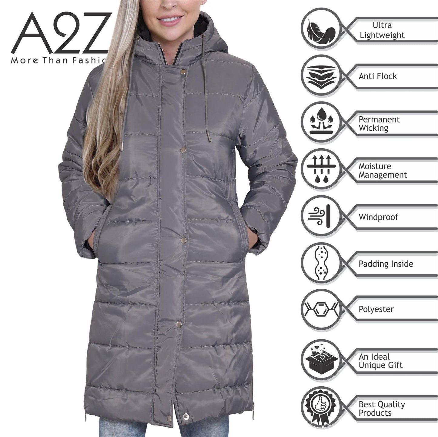 Ladies Adults Long Sleeve Oversized Steel Grey Hooded Quilted Padded Coat Jacket
