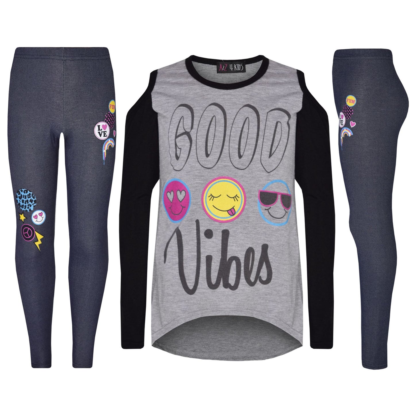 Girls Top Kids Good Vibes & Emojis Print T Shirt Tops & Jegging Set 7-13 Years