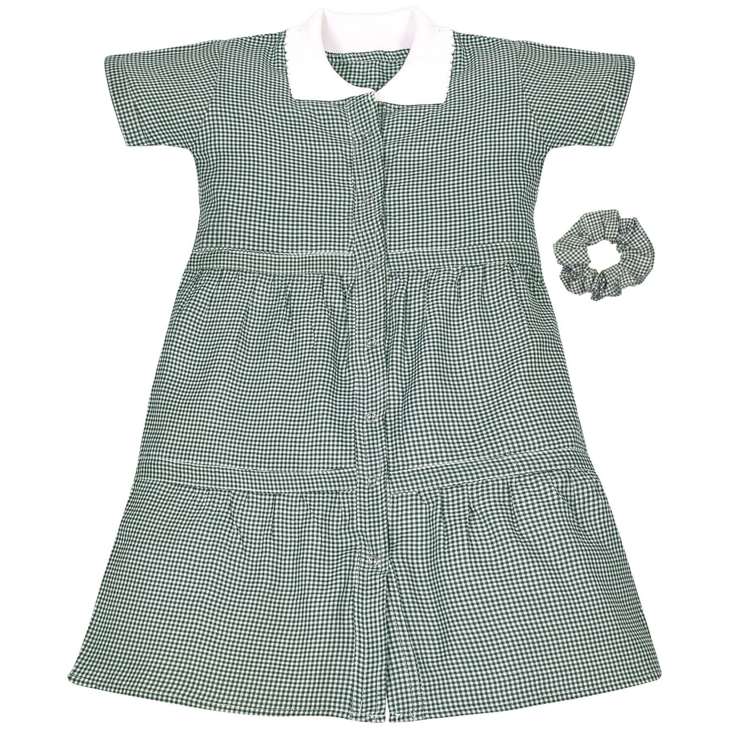 Kids Girls Gingham School Dress Check Button Up Tiered Dresses With Scrunchies