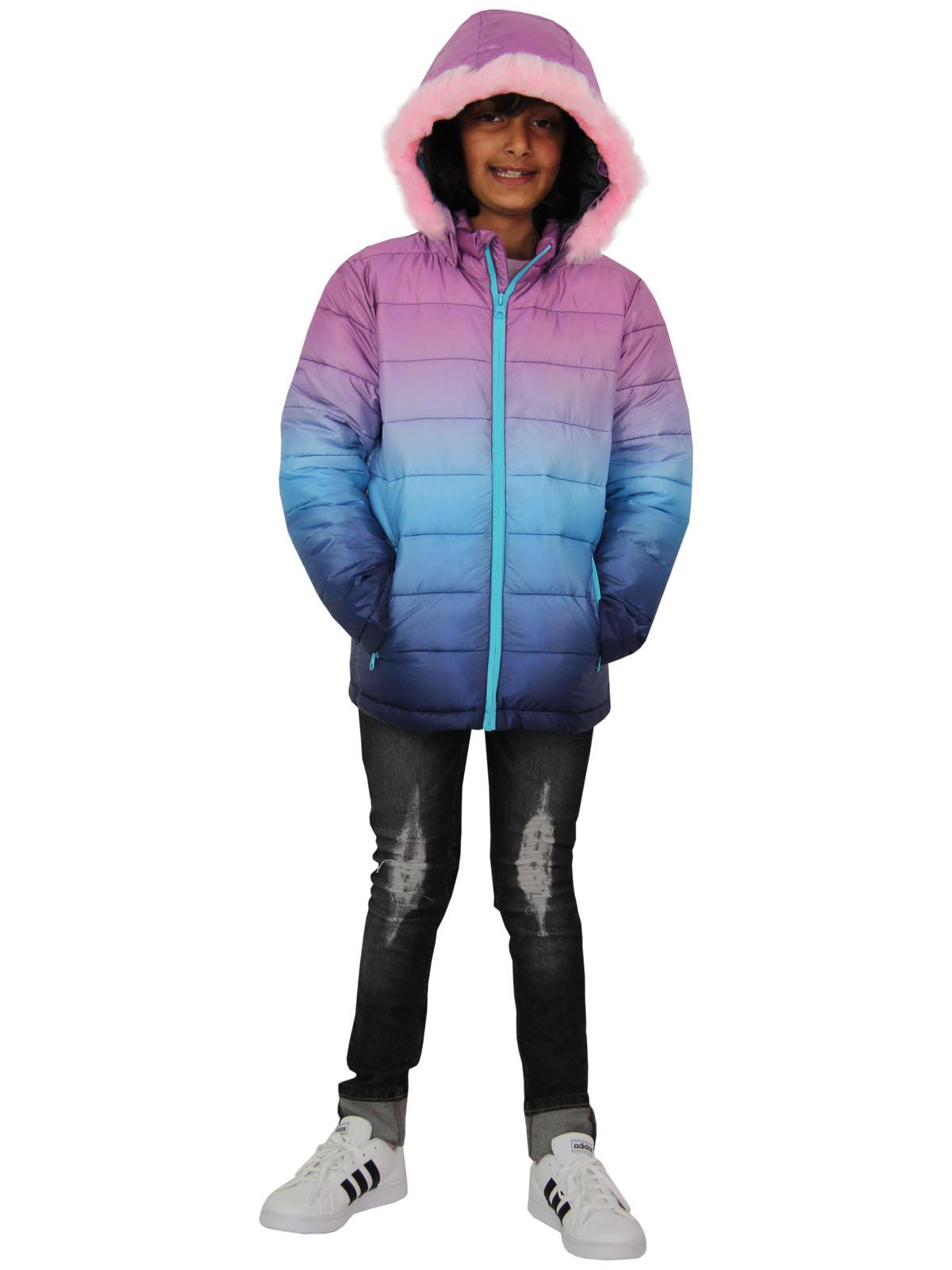Kids Girls Puffer Jacket Faux Fur Hooded 3D Fade Gradient Padded Thick Warm Coat
