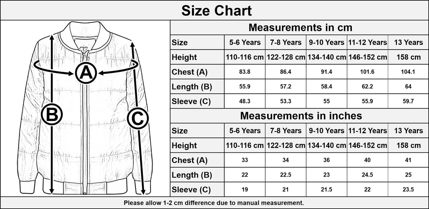 Kids Bomber Jacket Lightweight Puffer Coat School Fashion For Girls Boys 5-13 Yr