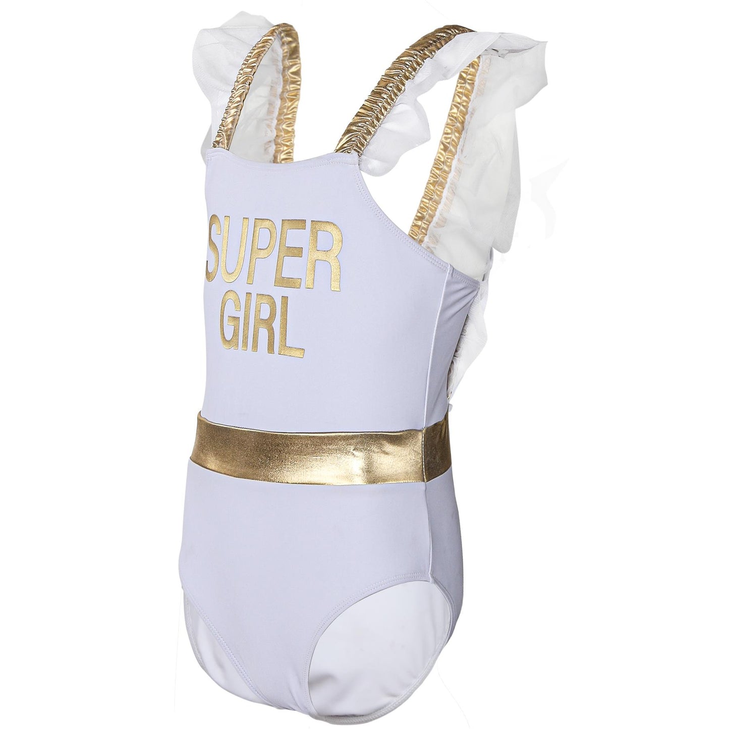 Kids Girls One Piece Swimsuit Gold Trim Super Girl Beach Surfing Swimwear 2-14