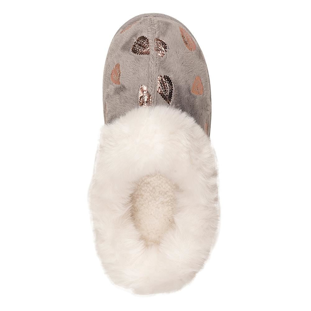 A2Z Ladies Foil Heart and Star Mule Slippers Warm Faux Fur Lined Indoor Shoes