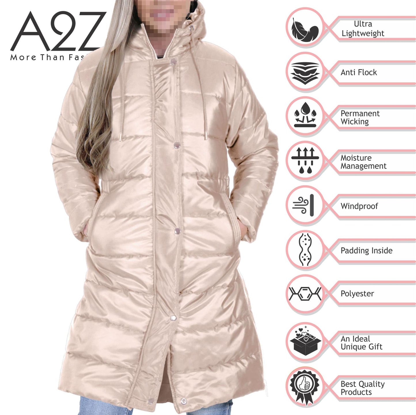Ladies Adults Long Sleeve Oversized Stone Hooded Quilted Padded Coat Jacket