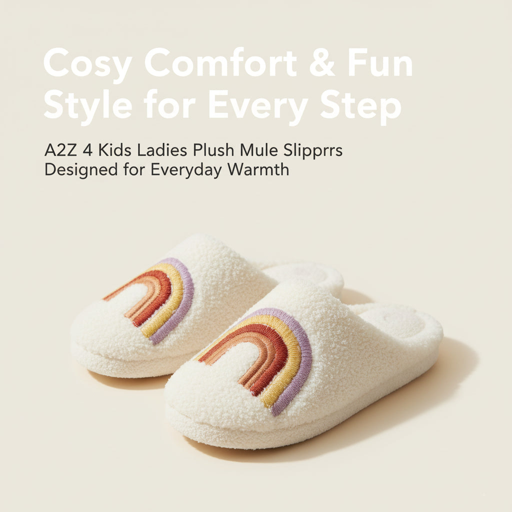 A2Z Ladies Heart & Rainbow Mule Slippers Faux Fur Lining & Non-Slip TPR Sole