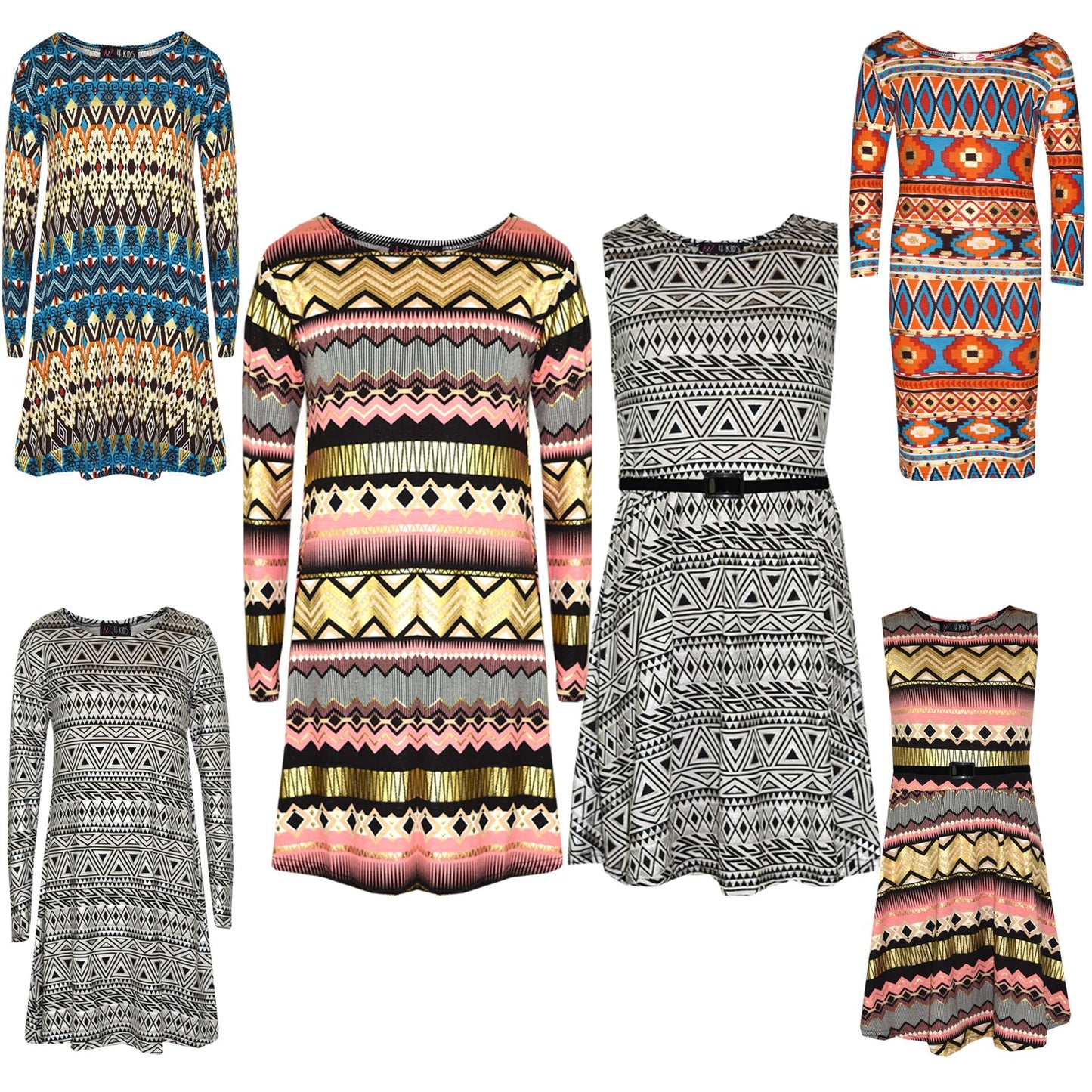 Girls Skater Dress Kids Aztec Print Summer Party Swing Midi Dresses 7-13 Years