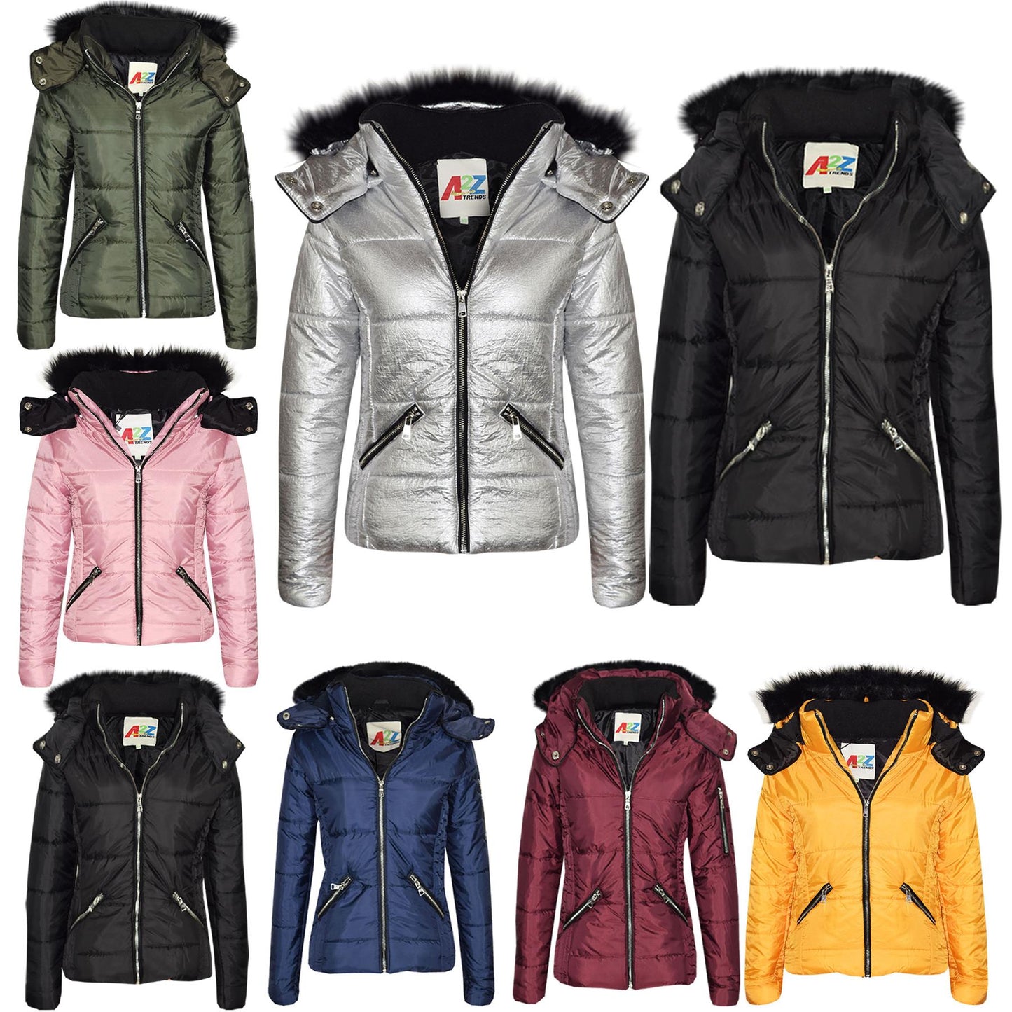Girls Puffer Jacket Quilted Winter Coat Faux Fur Hood Warm Padded Zipped Coat