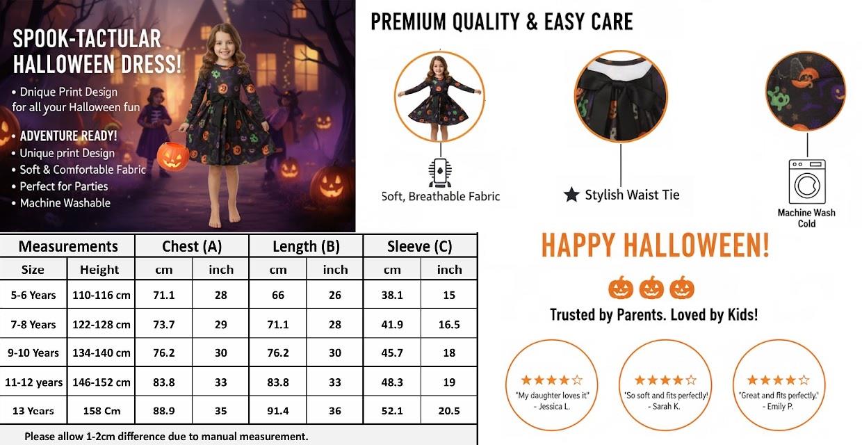 Girls Halloween Swing Dress Ghost Pumpkin Bat Spooky Parties Costume 5-13 Yrs