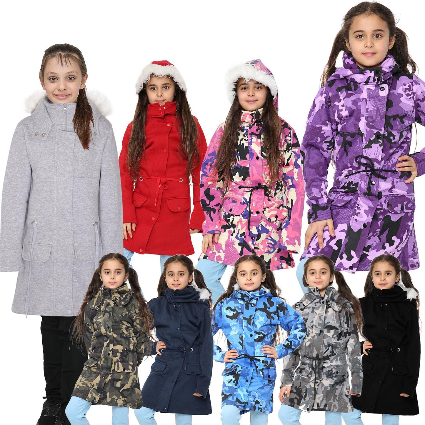 Kids Girls Hooded Camo Parka Jacket Faux Fur Coat New Fashion Age 5-13 Years