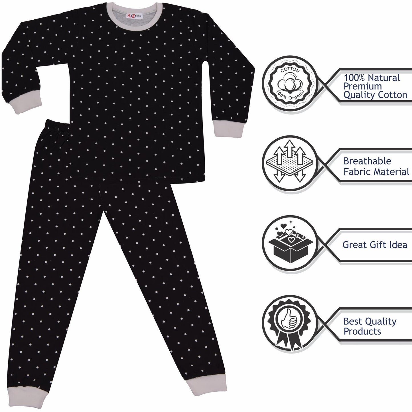 A2Z 4 Kids Girls Boys Polka Dot Children PJs 2 Piece Cotton Set Lounge Suit Nightwear Sleepwear Unisex Top Bottom Pyjamas Loungewear Dress Up Outfit Set Gifts for Children Girls & Boys Age 5-13 years