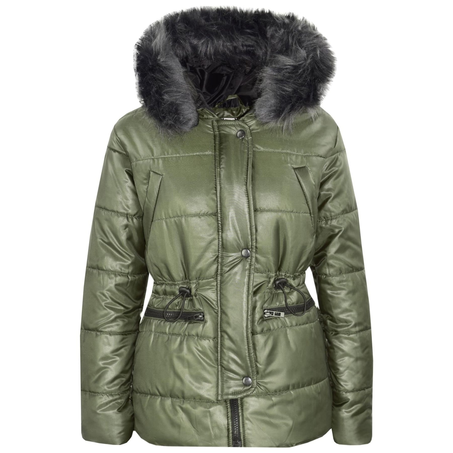 Kids Girls Jackets Puffer Hooded Detachable Faux Fur Wet Look Padded Long Coats
