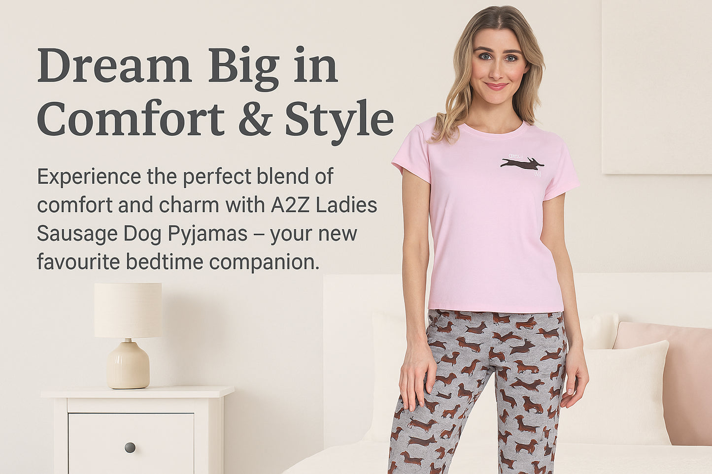 Ladies Sausage Dog Pyjama Set Pink Cotton Top & Grey Sausage Dog Print Bottoms
