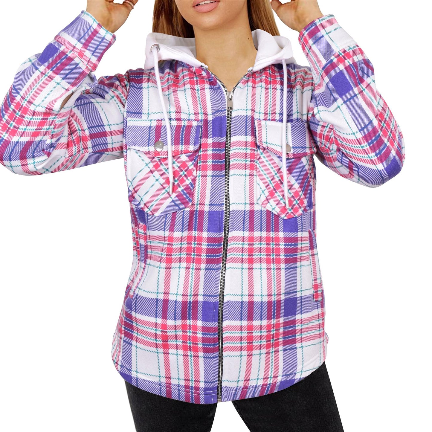 A2Z Ladies Shacket Shirt Jacket Checked Zipped Top Hooded Warm Coat Size S-4XL