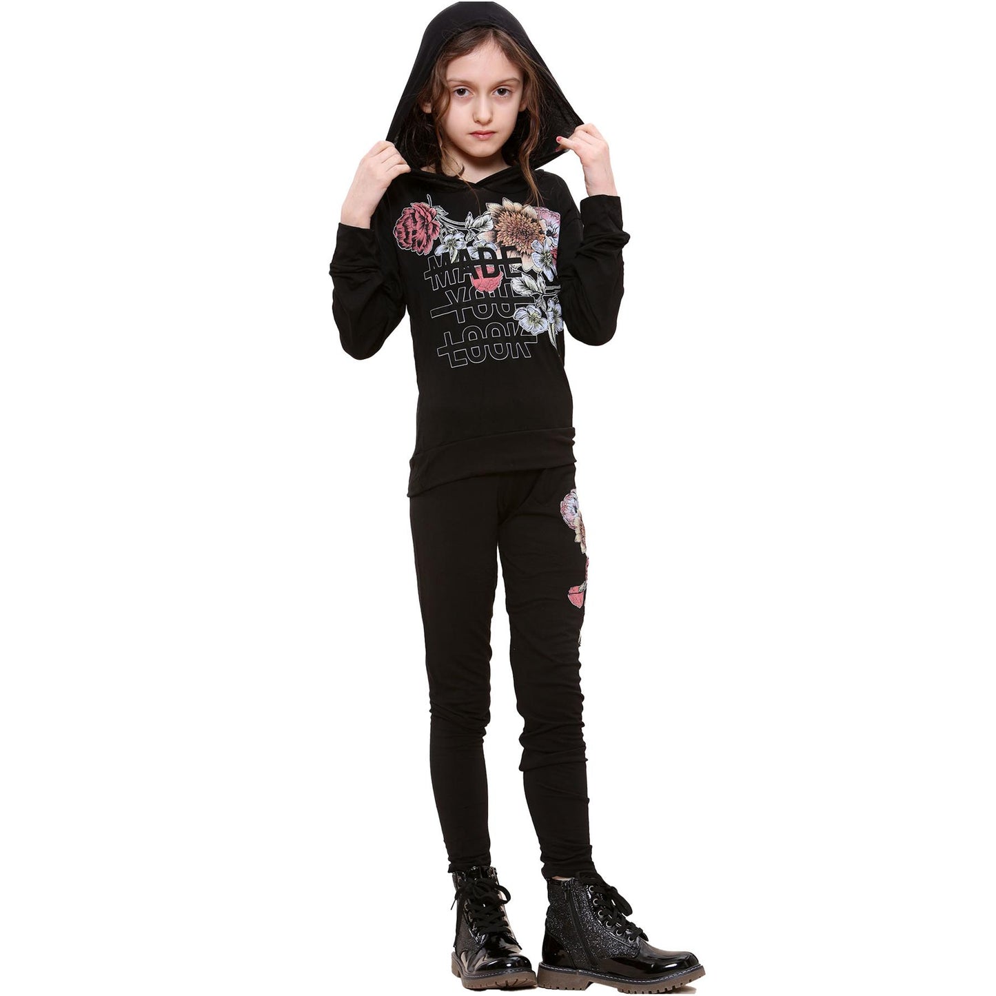 Girls Top Kids Made You Look Print Long Sleeves Hooded Top & Legging Set 5-13 Yr