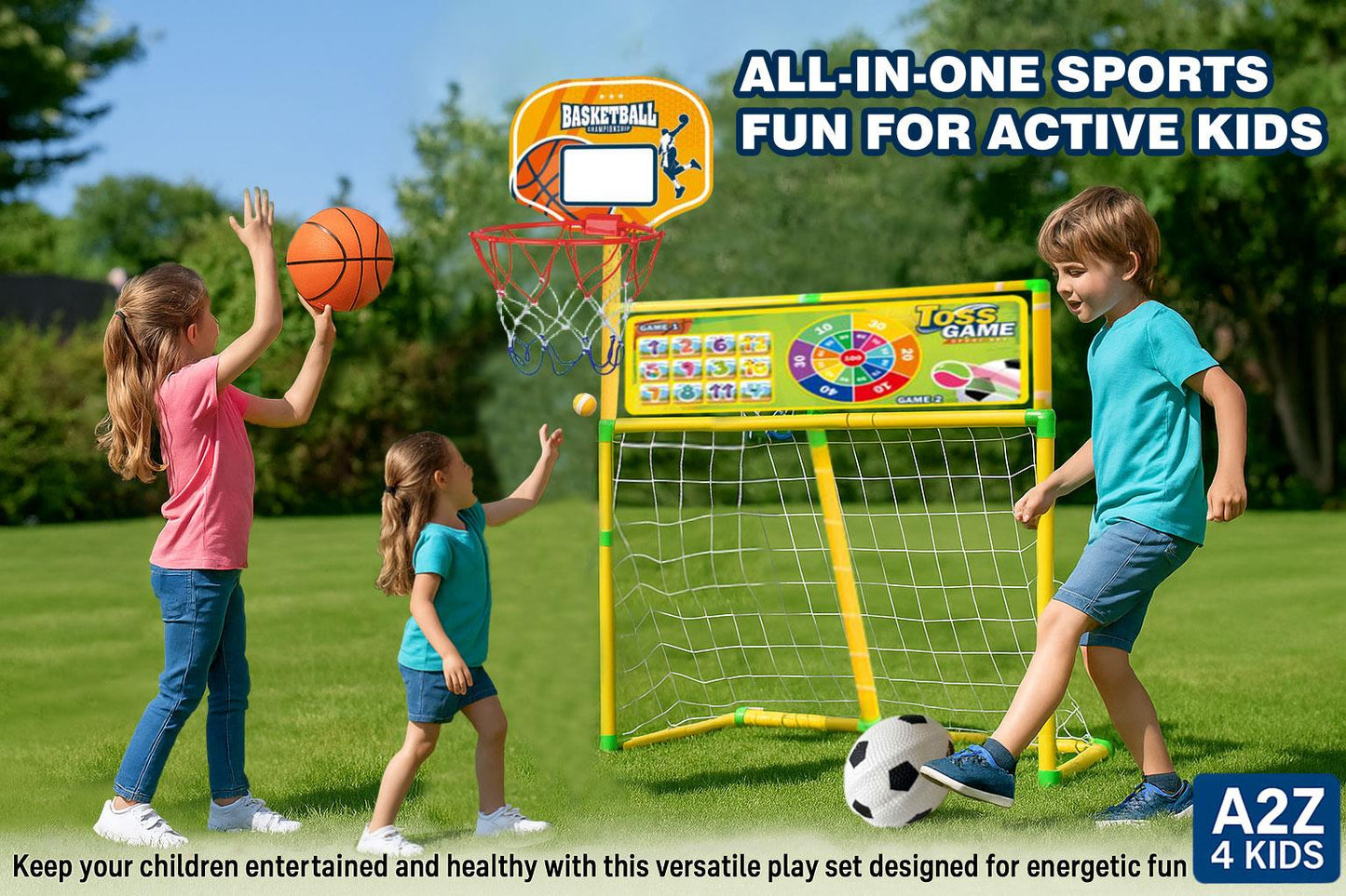 3 in 1 Kids Toss Game Set Basketball Hoop Football Goal Net with Target Boar