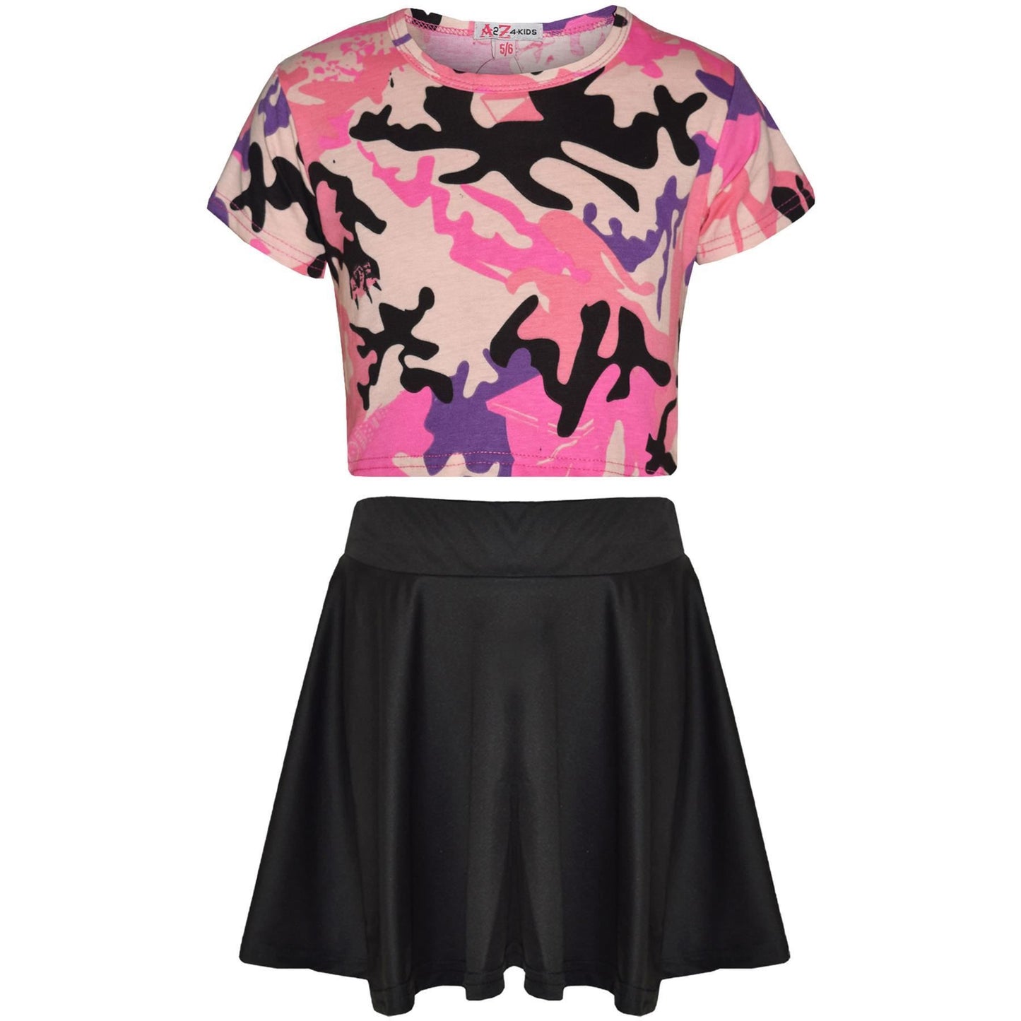 A2Z 4 Kids Camouflage Crop Top & Skater Skirt Set Short Sleeves T Shirt Summer Outfit 2 Piece Activewear For Girls Age 5-13 years