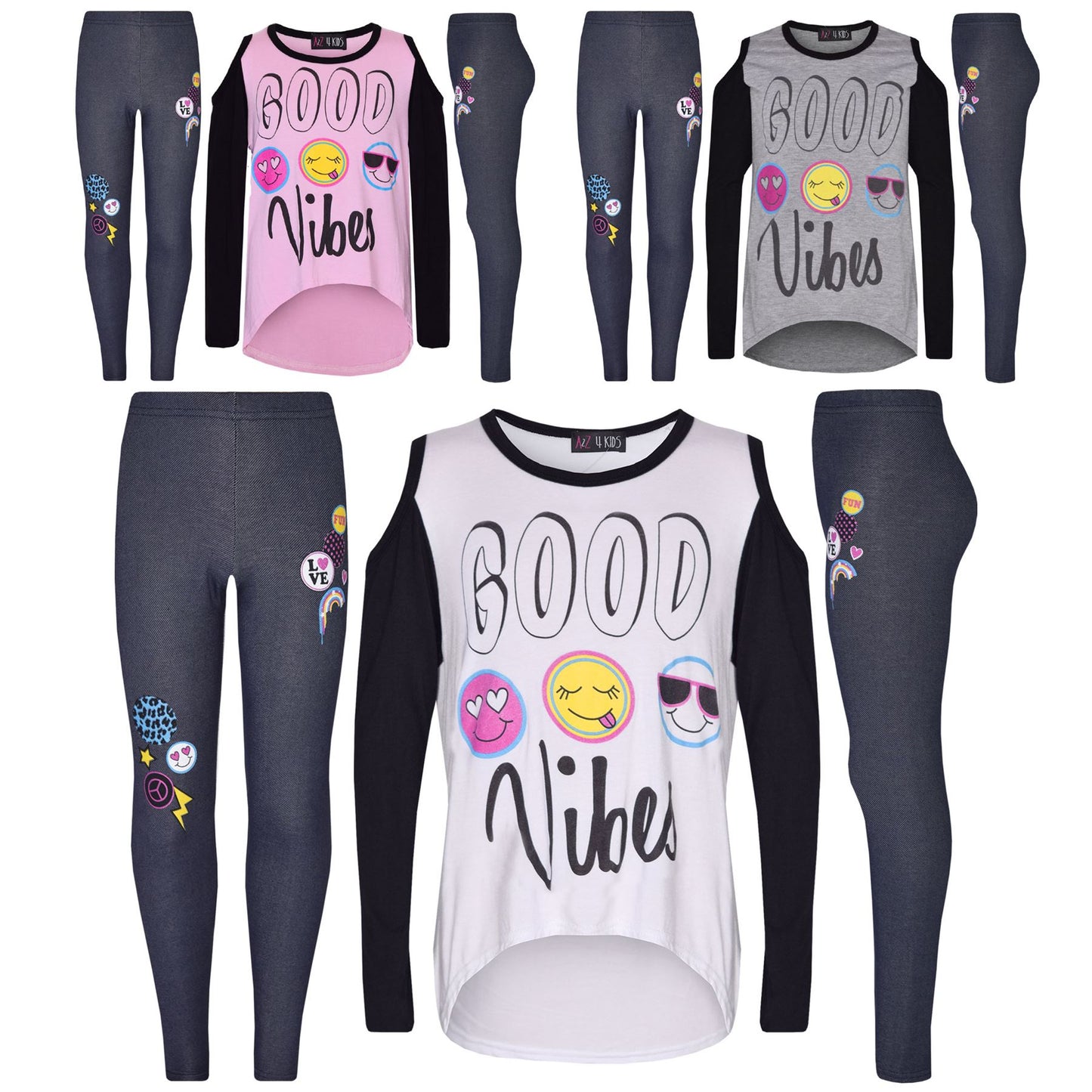 Girls Top Kids Good Vibes & Emojis Print T Shirt Tops & Jegging Set 7-13 Years