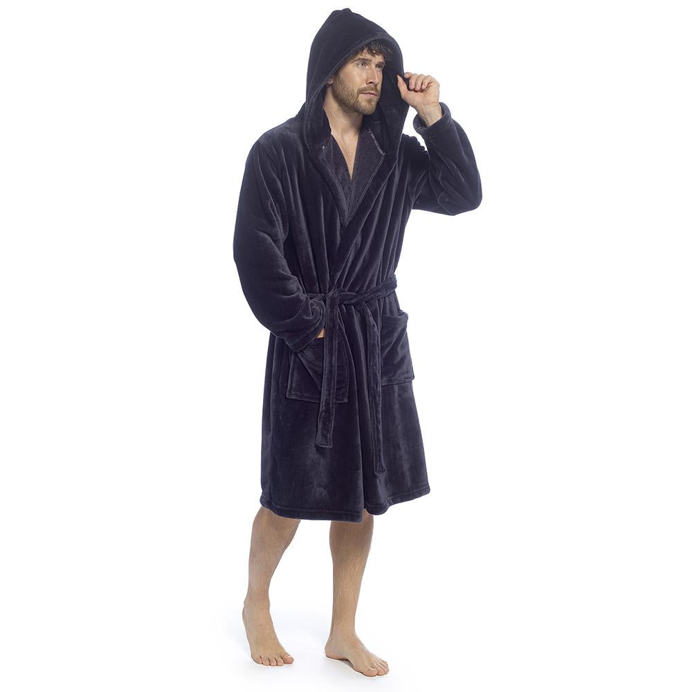 A2Z Mens Supersoft Hooded Fleece Gown Warm Plush Bathrobe with Belt M to XXL UK