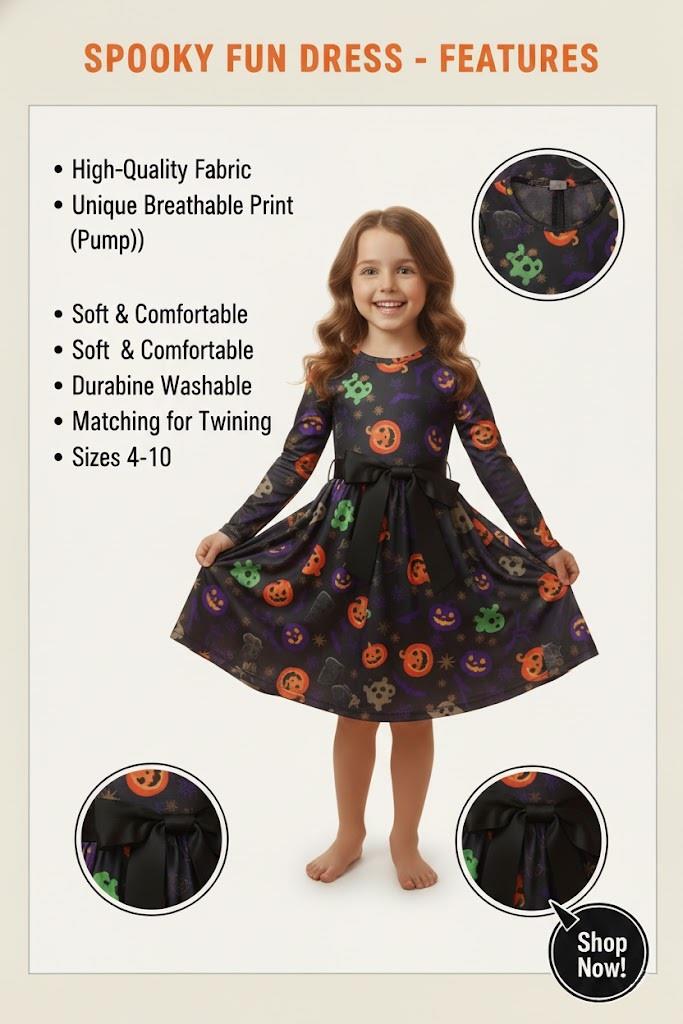 Girls Halloween Swing Dress Ghost Pumpkin Bat Spooky Parties Costume 5-13 Yrs