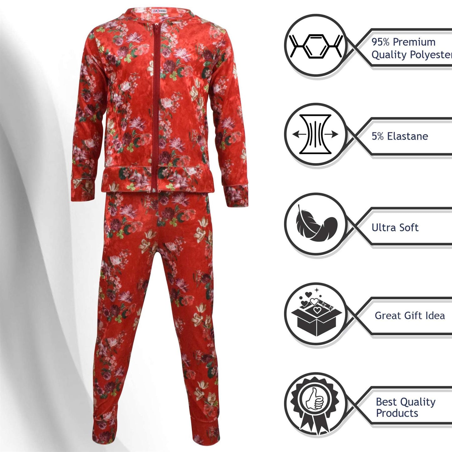 Girls Jogging Suit Floral Print Zip Up Velour Set Top Bottom Outfit Clothing Set