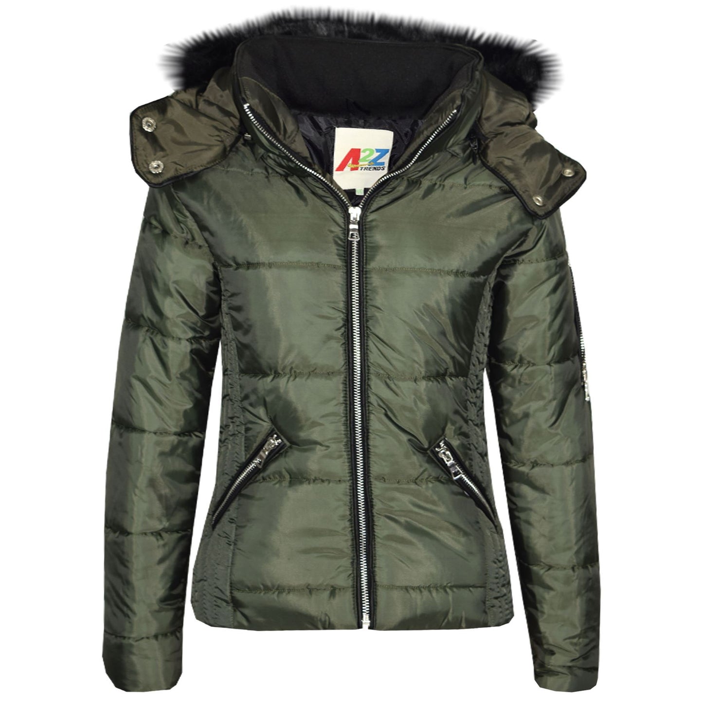 Girls Puffer Jacket Quilted Winter Coat Faux Fur Hood Warm Padded Zipped Coat