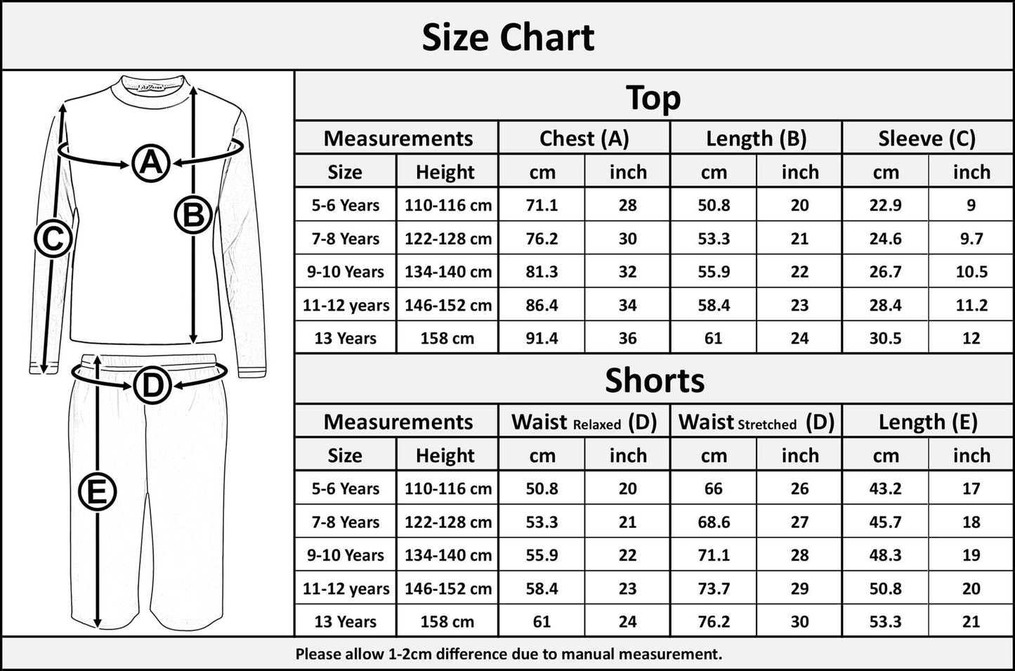 Kids Boys Long Sleeve Pyjamas Contrast T-Shirt Shorts loungewear Age 5-13 Years