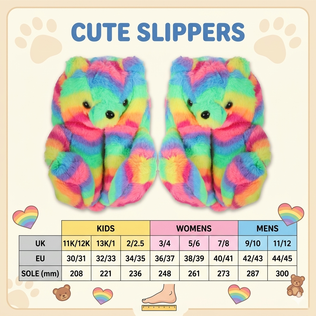 Kids Girls Womens 3D Rainbow Bear Slippers Cute Animal Face Soft Plush Warm Shoe