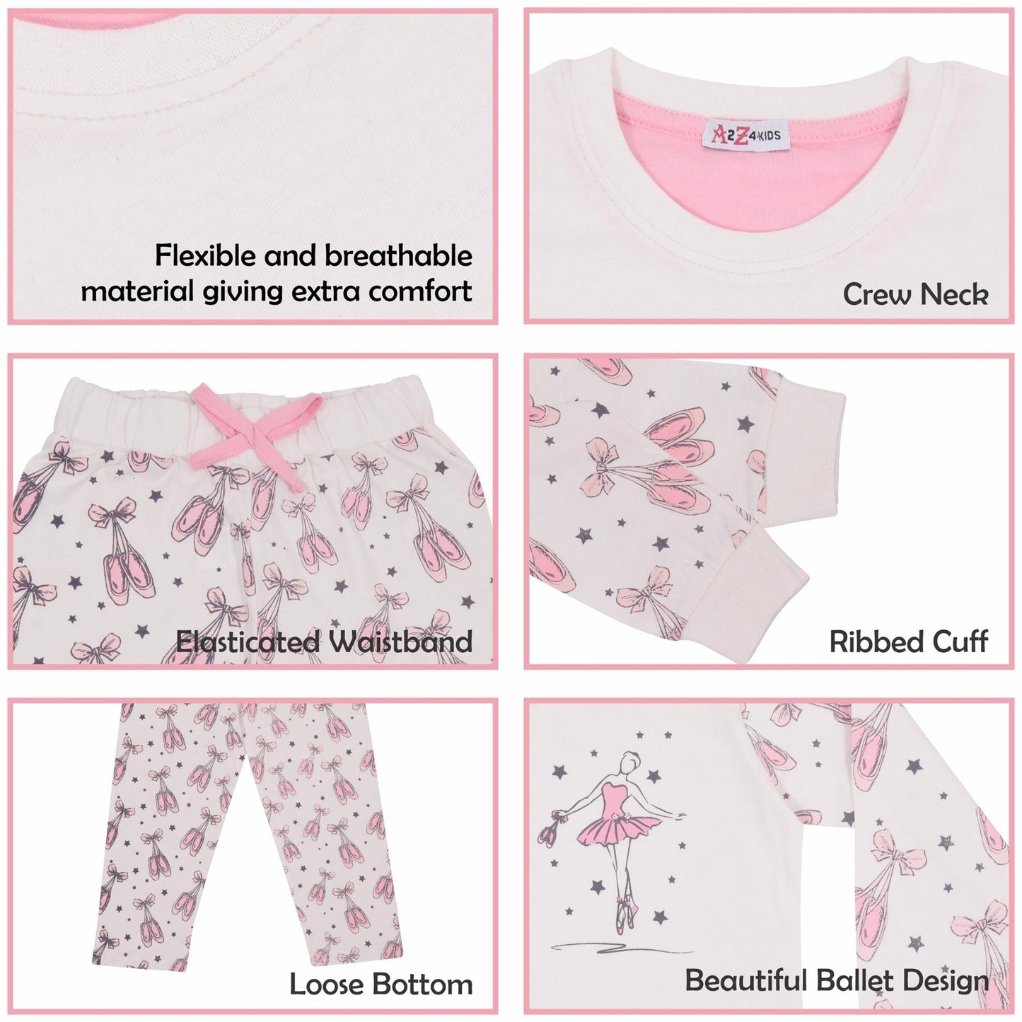 A2Z 4 Kids Girls Ballerina Print Children PJs 2 Piece Cotton Set Lounge Suit Nightwear Sleepwear Top Bottom Pyjamas Loungewear Dress Up Outfit Set Gifts for Children & Girls Age 2-13 Years