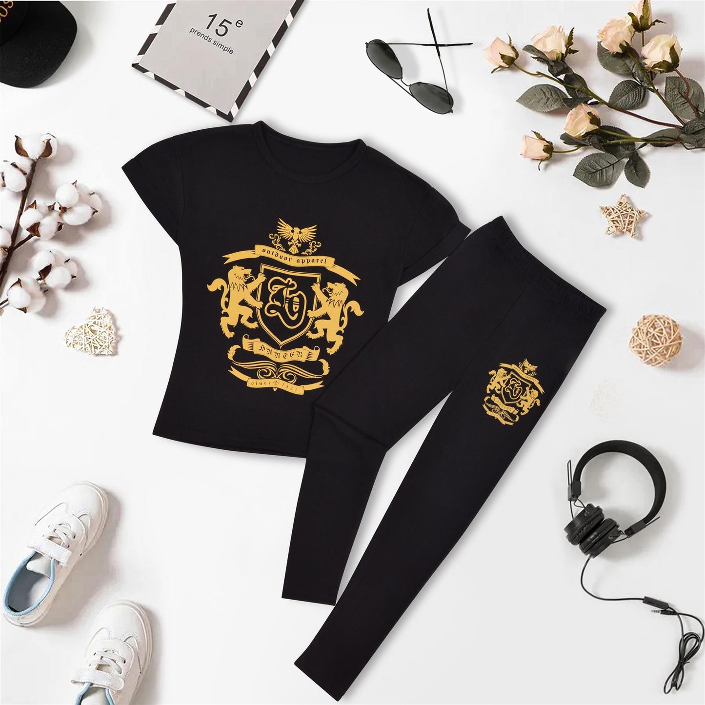 Girls Top Kids Short sleeves Varsity Lion Print T Shirt & Legging Outfit Set